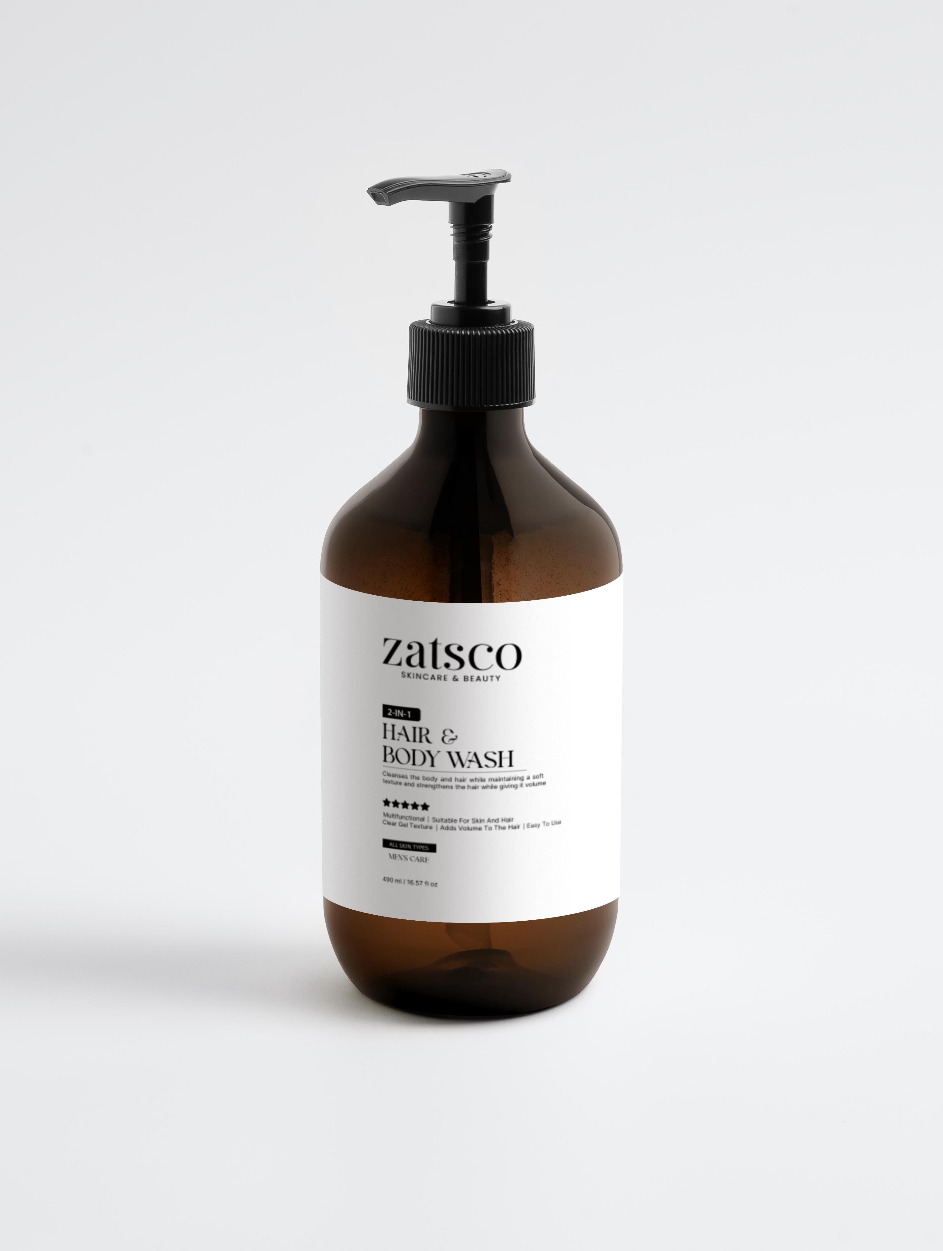 Brown bottle of Zatisco hair and body wash on a white background